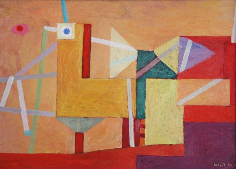 Ernst Weil, Landungssteg, 1954, 43 x 62 cm, Öl auf Hartfaser