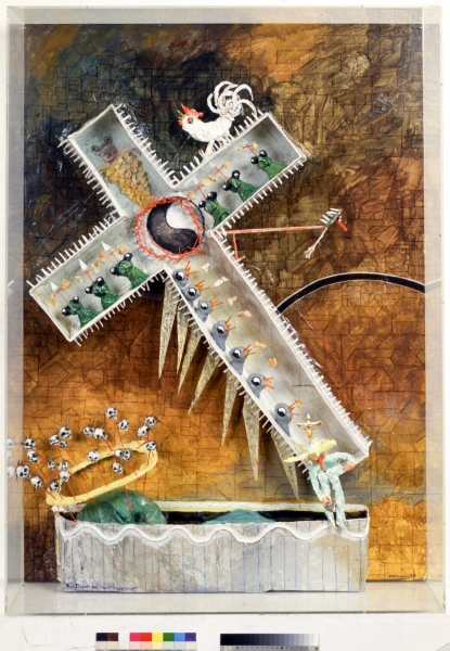 Die Stunde der Hohlkreuzsäger, 1989, mixed Media u. Acryl in Plexiglas, 120x80x20 cm