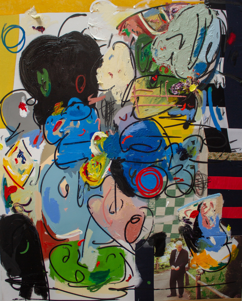 Jonni Cheatwood Moose,Meese,Mooses 2019 oil acrylic alkyd charcoal digital print and found fabric sewn to canvas 152 x 122 cm